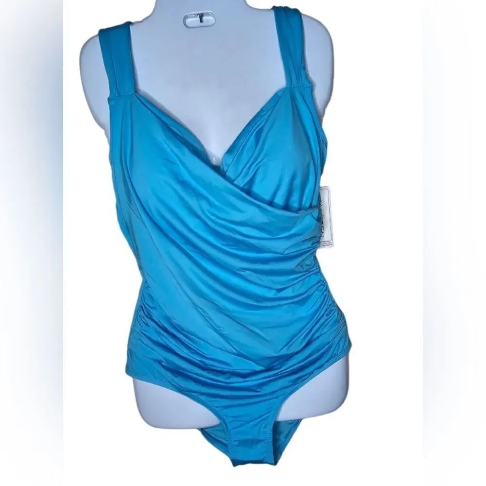 Jantzen Solid Surplice V-Neck Tummy Control Shirred One Piece Swimsuit size 20W